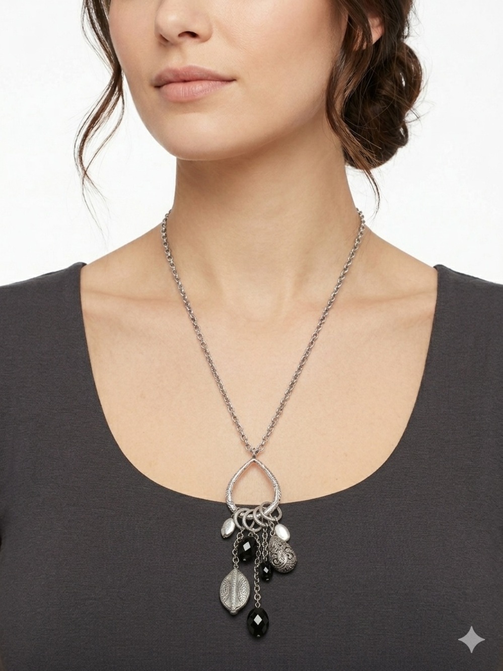 Boho Chic Silver & Onyx Statement Tear Drop Loop Pendant Necklace